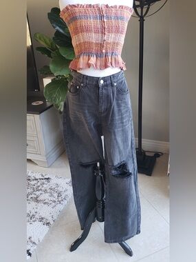 Adika Black Distressed Wide-Leg Jeans